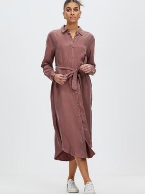 Staple The Label Vertigo Cupro Midi Button Up Belted Shirt Dress Brown